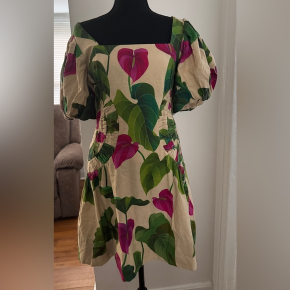 Farm Rio Anthurium Leaves Puff Sleeve Mini Dress - Picture 5 of 7
